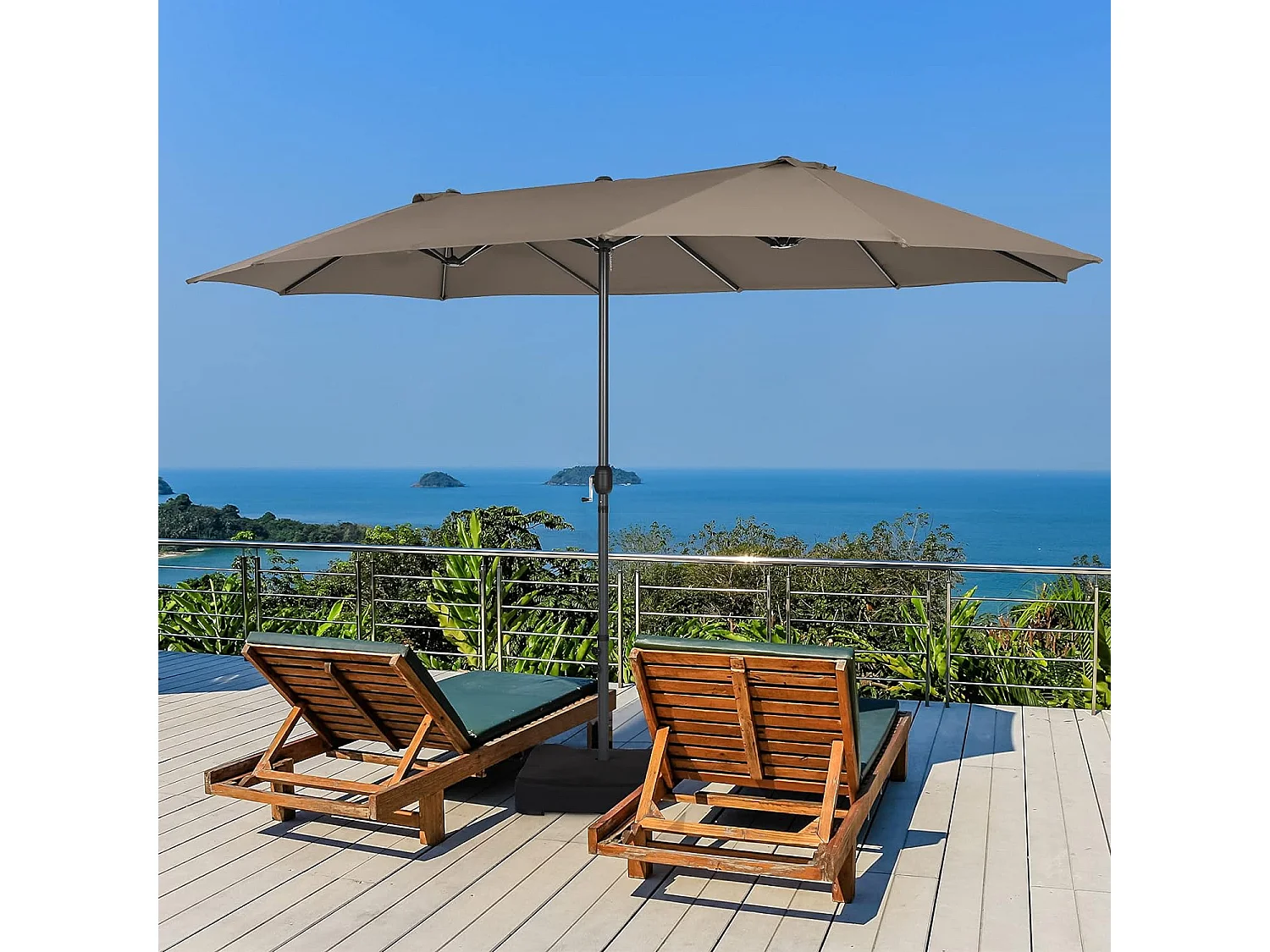 Parasol de Jardin Double XXL 460x270 CM Base en Croix Renforcée 2 Sacs de Sable Manivelle Poteau Métal Toile Polyester café