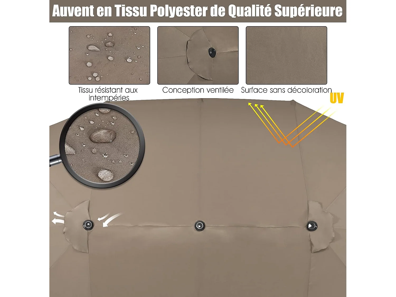 Parasol de Jardin Double XXL 460x270 CM Base en Croix Renforcée 2 Sacs de Sable Manivelle Poteau Métal Toile Polyester café