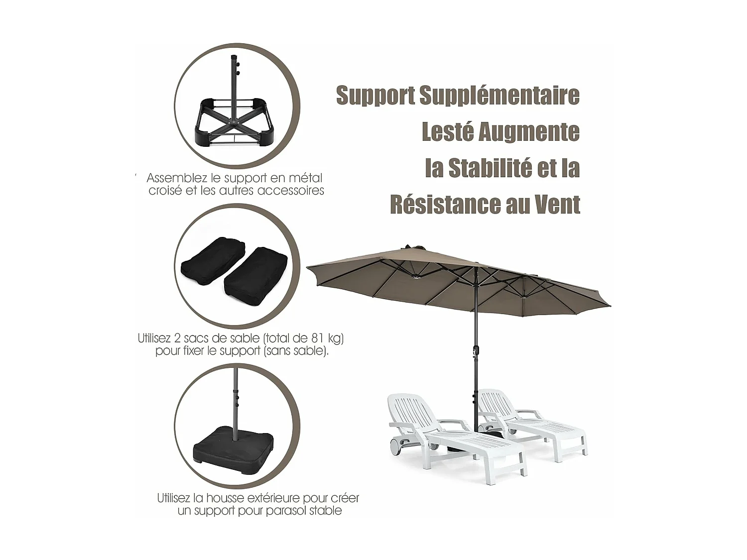 Parasol de Jardin Double XXL 460x270 CM Base en Croix Renforcée 2 Sacs de Sable Manivelle Poteau Métal Toile Polyester café