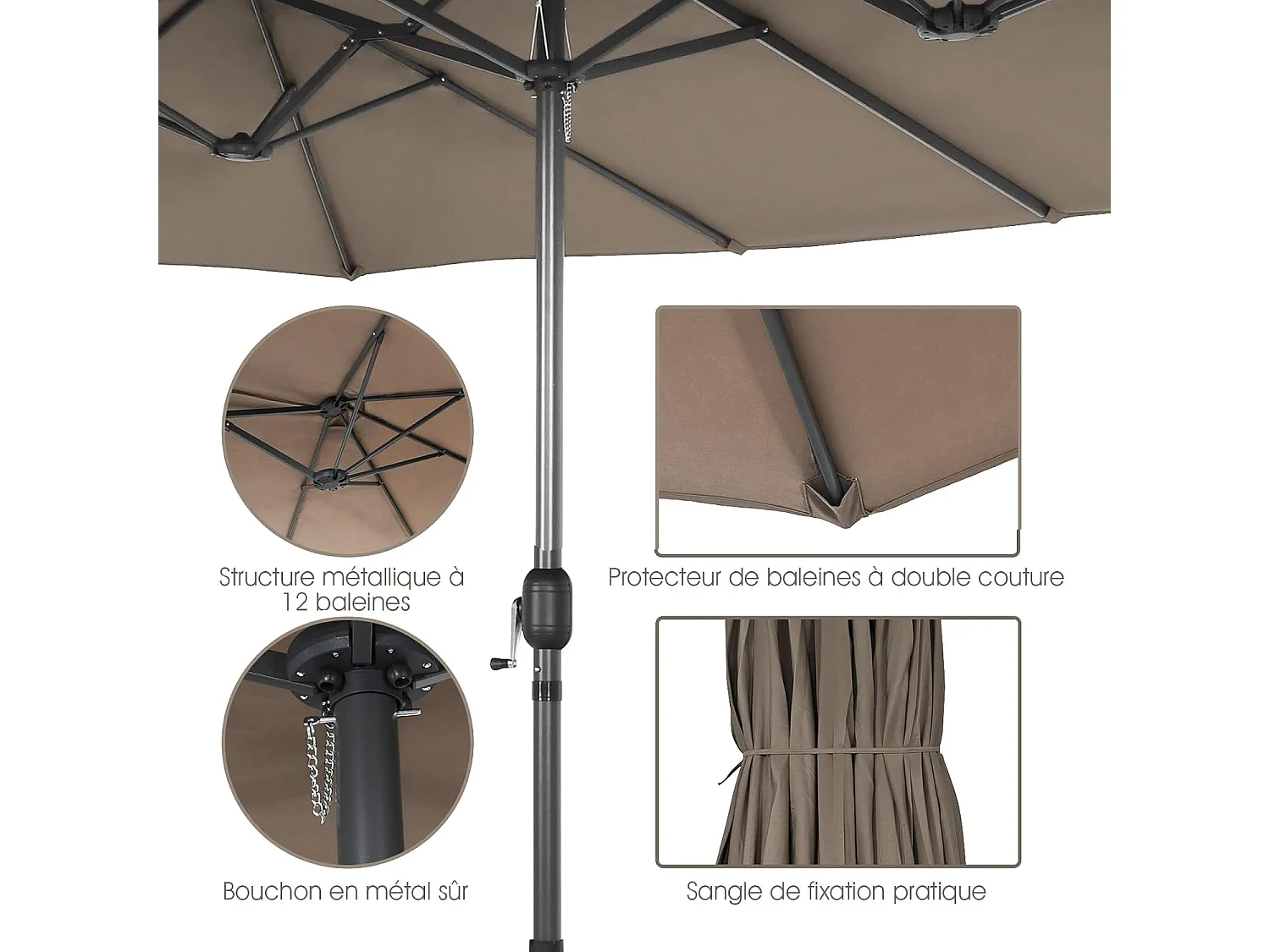 Parasol de Jardin Double XXL 460x270 CM Base en Croix Renforcée 2 Sacs de Sable Manivelle Poteau Métal Toile Polyester café
