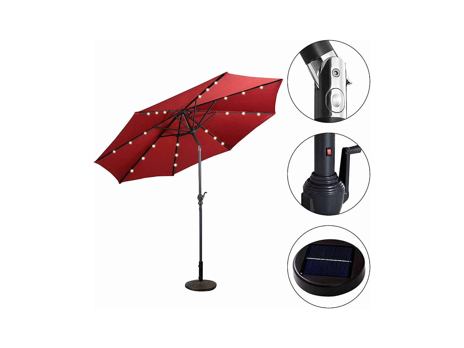 Parasol de Jardin Dia 300 CM/Parasol Déporté et Inclinable de Jardin avec 24 LED, Vin Rouge