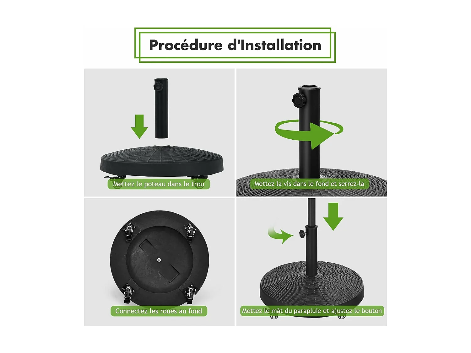 Pied de Parasol sur roulettes φ52CM 23KG, Socle Parasol Extérieur en Résine avec Bouton Rotatif, Résistant aux Intempéries, pour Poteaux de Parasol 38/48 mm