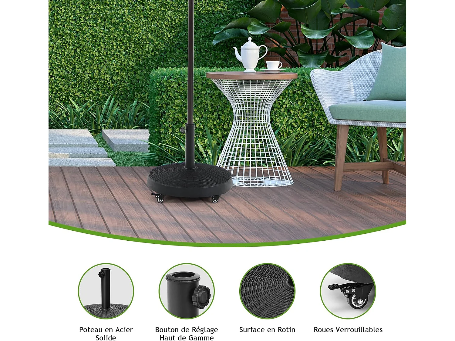 Pied de Parasol sur roulettes φ52CM 23KG, Socle Parasol Extérieur en Résine avec Bouton Rotatif, Résistant aux Intempéries, pour Poteaux de Parasol 38/48 mm