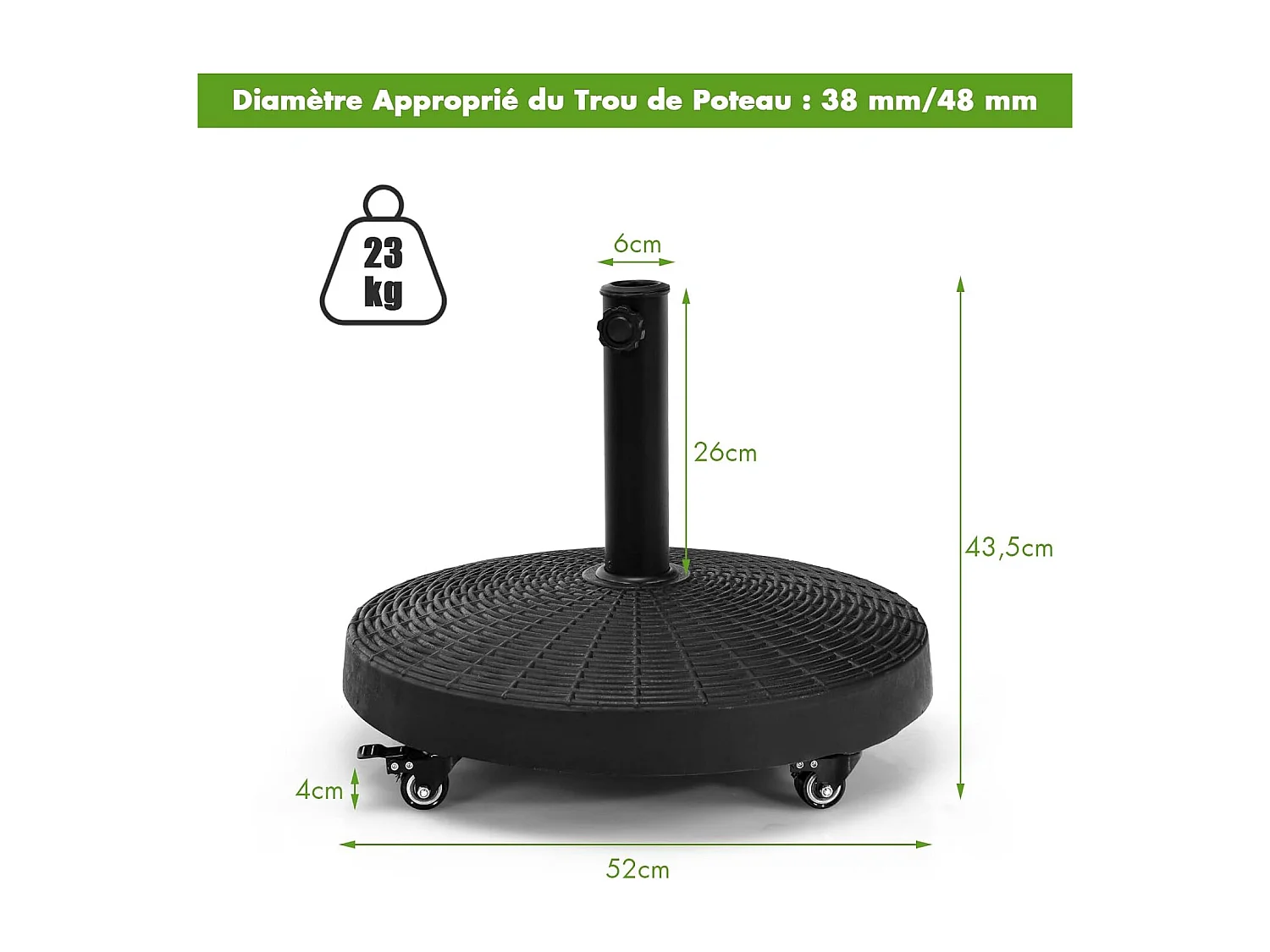 Pied de Parasol sur roulettes φ52CM 23KG, Socle Parasol Extérieur en Résine avec Bouton Rotatif, Résistant aux Intempéries, pour Poteaux de Parasol 38/48 mm