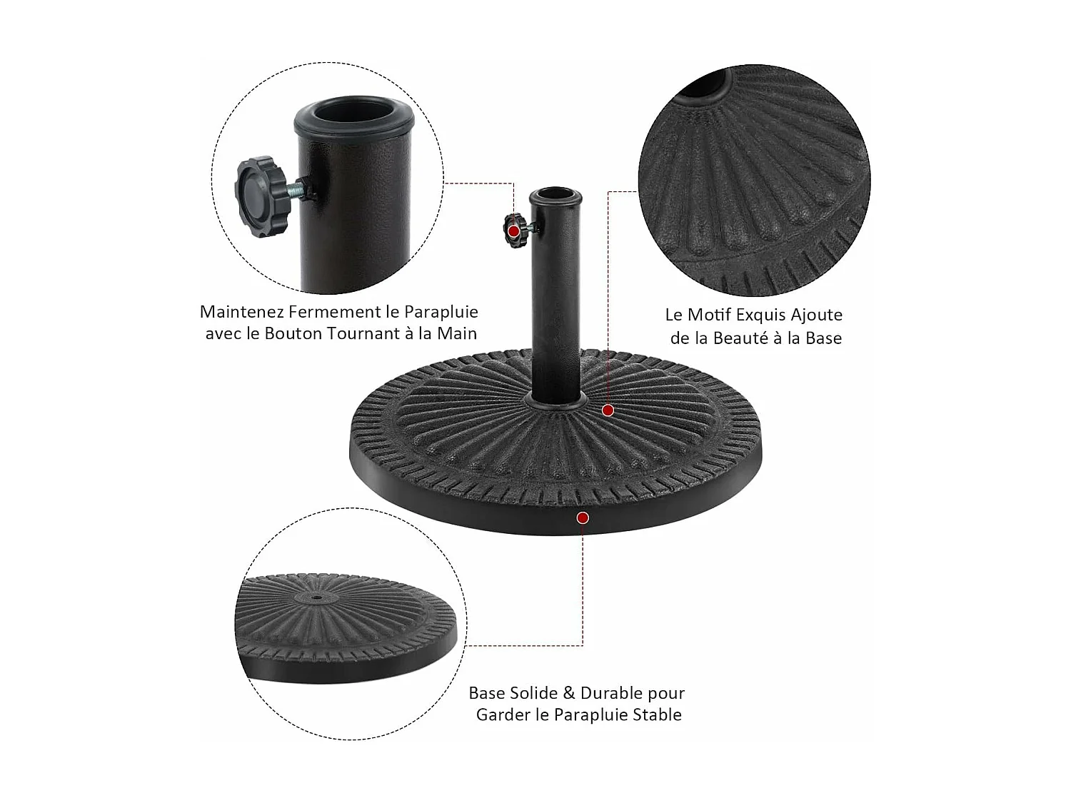 Pied de Parasol Beton φ49,5CM 15 KG, Pied de Parasol en Résine avec Bouton Rotatif, Résistant aux Intempéries, pour Poteaux de Parasol 35/48 mm