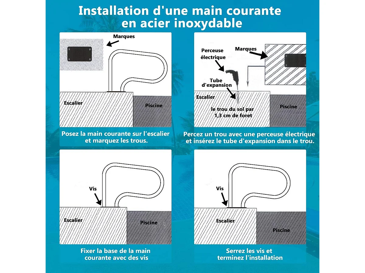 Main Courante de Piscine en Acier INOX, Rampe d'Escalier de Piscine avec Plaque de Base pour Stade, Parc Aquatique