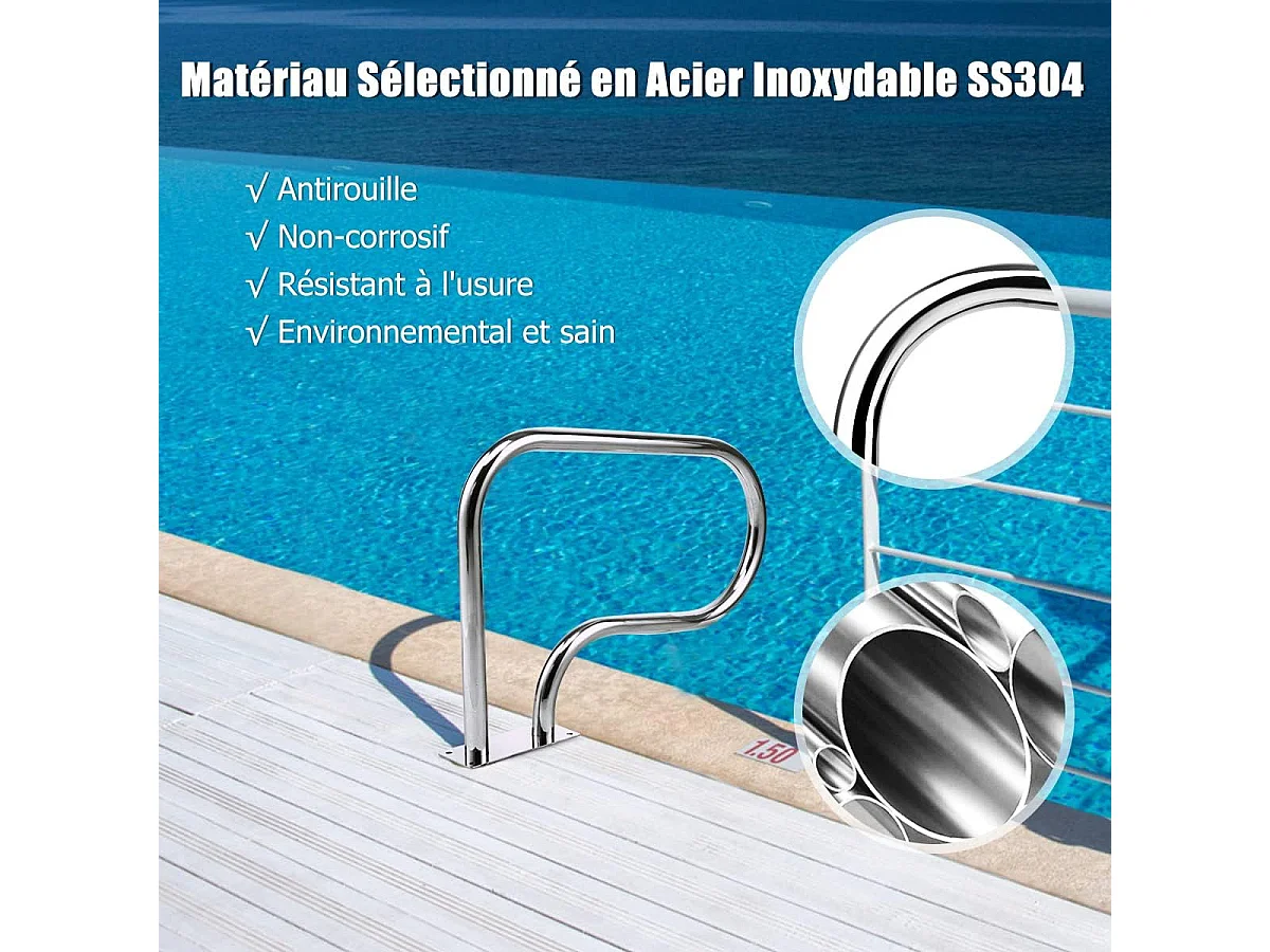 Main Courante de Piscine en Acier INOX, Rampe d'Escalier de Piscine avec Plaque de Base pour Stade, Parc Aquatique