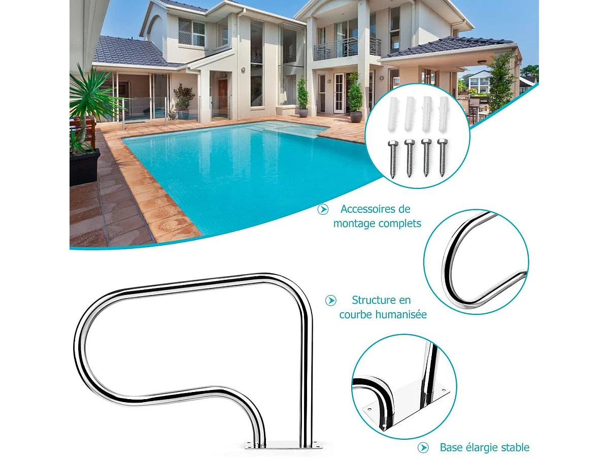 Main Courante de Piscine en Acier INOX, Rampe d'Escalier de Piscine avec Plaque de Base pour Stade, Parc Aquatique