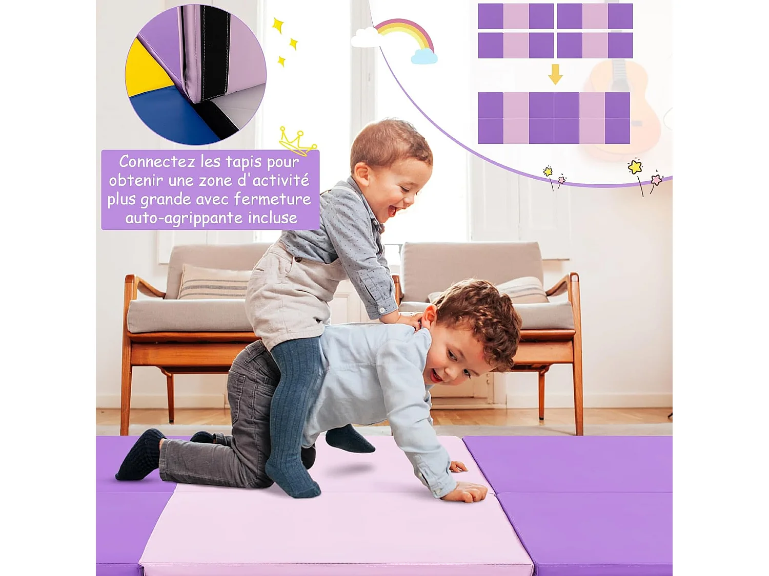 Tapis de Gymnastique Pliable Epais, Matelas d'Entrainement en Mousse et PU avec Poignées, pour Gymnastes Entraînements Sportifs Yoga, 180x60x5CM (Violet et Rose)