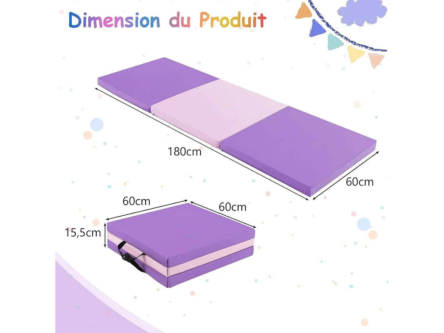 Tapis de Gymnastique Pliable Epais, Matelas d'Entrainement en Mousse et PU avec Poignées, pour Gymnastes Entraînements Sportifs Yoga, 180x60x5CM (Violet et Rose)
