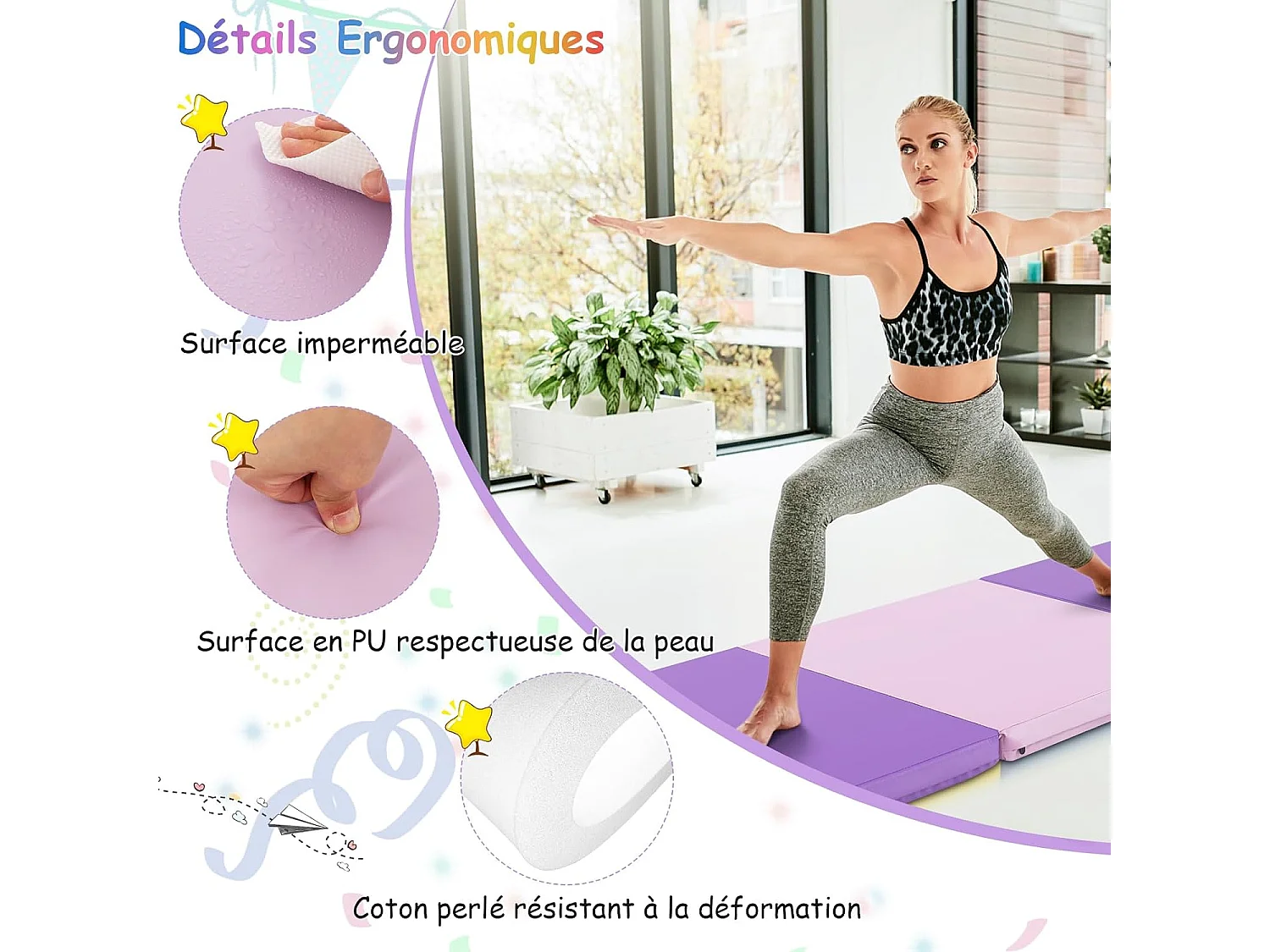 Tapis de Gymnastique Pliable Epais, Matelas d'Entrainement en Mousse et PU avec Poignées, pour Gymnastes Entraînements Sportifs Yoga, 180x60x5CM (Violet et Rose)