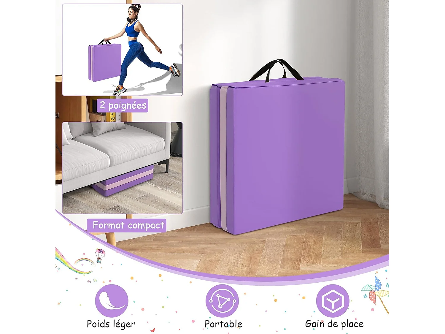 Tapis de Gymnastique Pliable Epais, Matelas d'Entrainement en Mousse et PU avec Poignées, pour Gymnastes Entraînements Sportifs Yoga, 180x60x5CM (Violet et Rose)