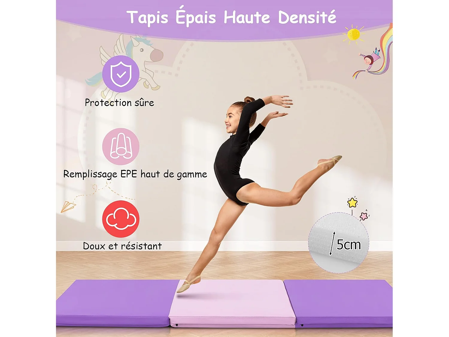 Tapis de Gymnastique Pliable Epais, Matelas d'Entrainement en Mousse et PU avec Poignées, pour Gymnastes Entraînements Sportifs Yoga, 180x60x5CM (Violet et Rose)