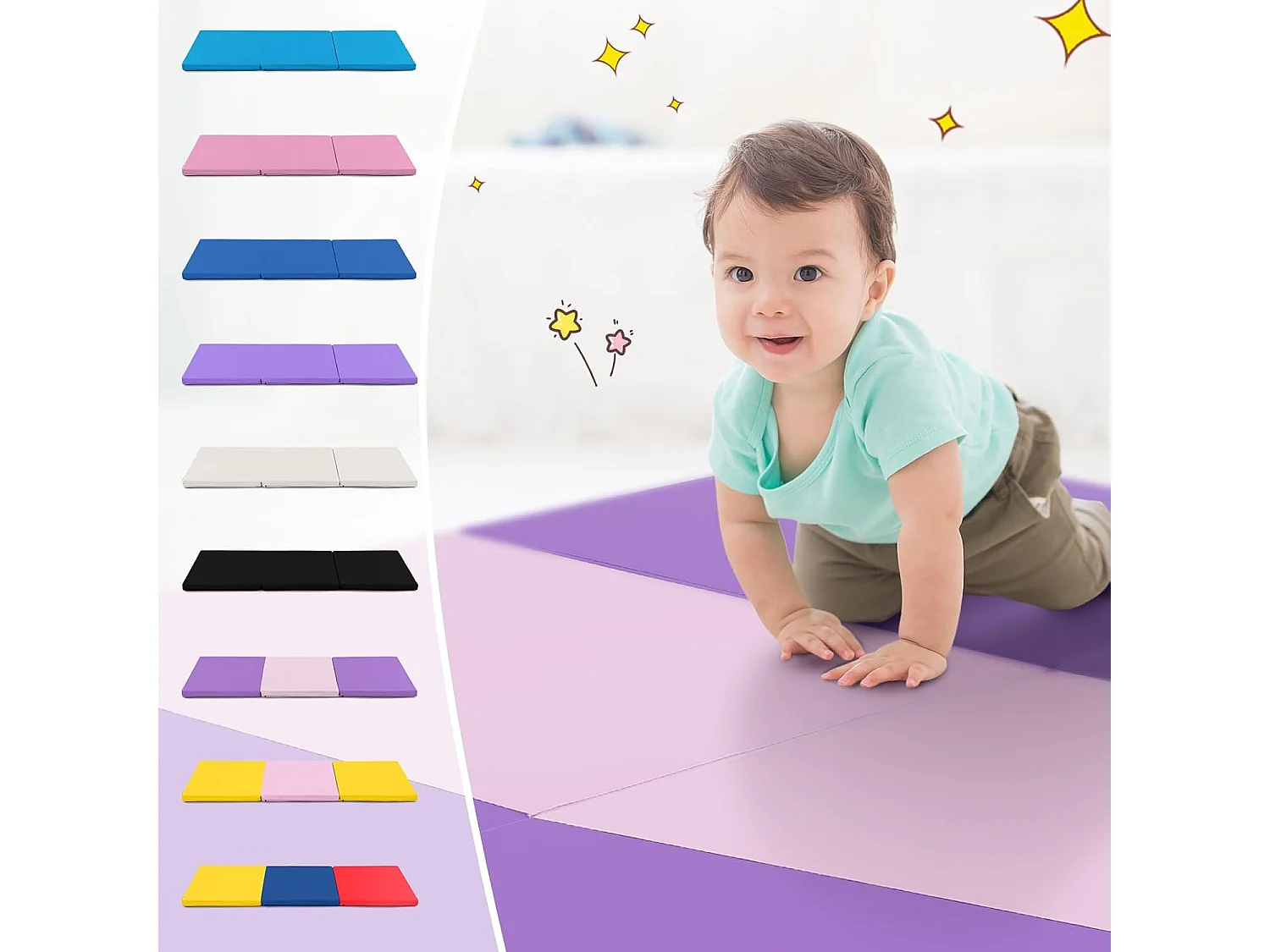 Tapis de Gymnastique Pliable Epais, Matelas d'Entrainement en Mousse et PU avec Poignées, pour Gymnastes Entraînements Sportifs Yoga, 180x60x5CM (Violet et Rose)