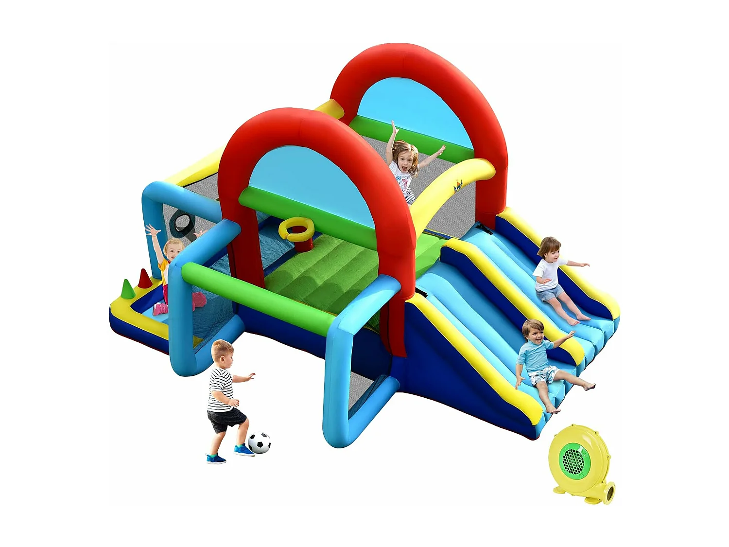 Château Gonflable avec Auvent Zone de Saut Double Toboggan Mur d'escalade,Piscine à Balles But de Football,Panier Jeu de Cible et Lancer d'Anneaux