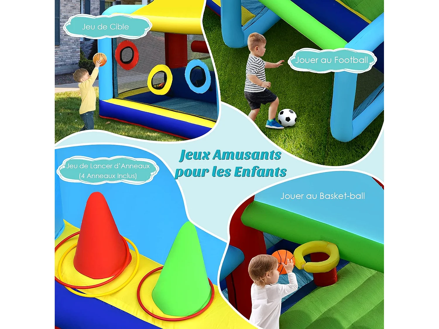 Château Gonflable avec Auvent Zone de Saut Double Toboggan Mur d'escalade,Piscine à Balles But de Football,Panier Jeu de Cible et Lancer d'Anneaux
