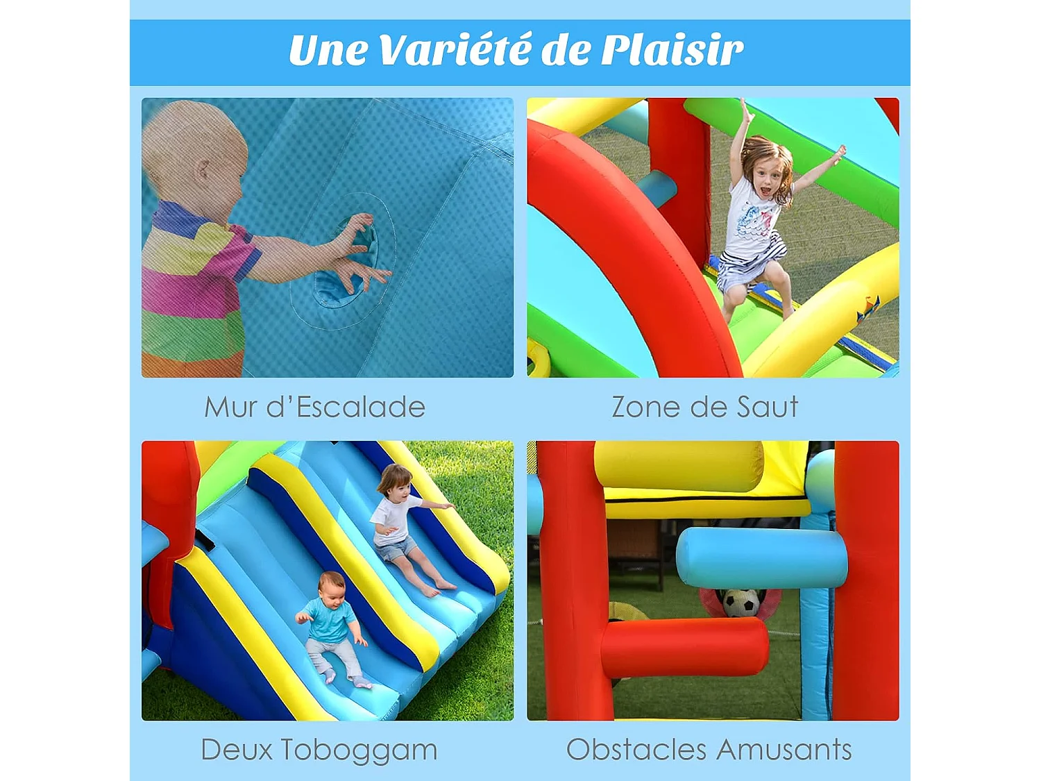 Château Gonflable avec Auvent Zone de Saut Double Toboggan Mur d'escalade,Piscine à Balles But de Football,Panier Jeu de Cible et Lancer d'Anneaux