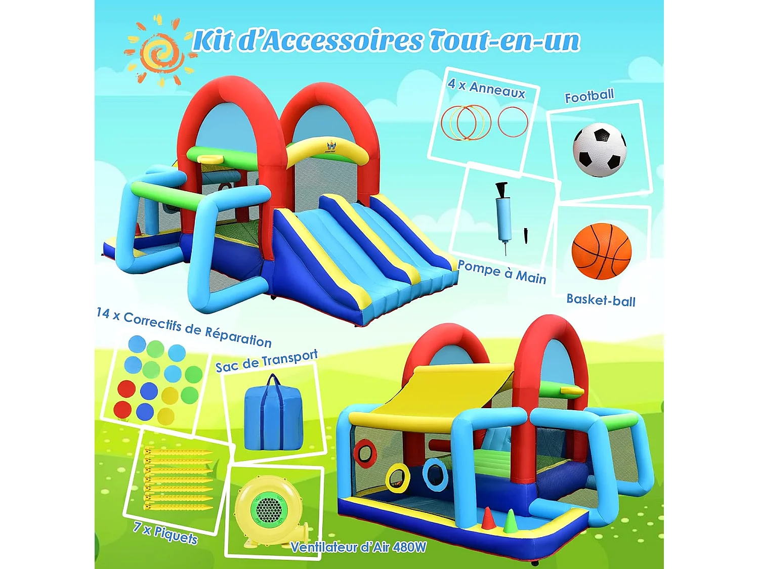Château Gonflable avec Auvent Zone de Saut Double Toboggan Mur d'escalade,Piscine à Balles But de Football,Panier Jeu de Cible et Lancer d'Anneaux