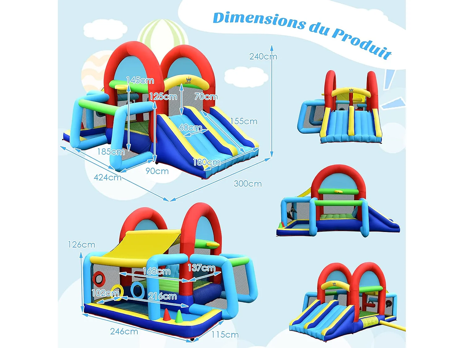 Château Gonflable avec Auvent Zone de Saut Double Toboggan Mur d'escalade,Piscine à Balles But de Football,Panier Jeu de Cible et Lancer d'Anneaux