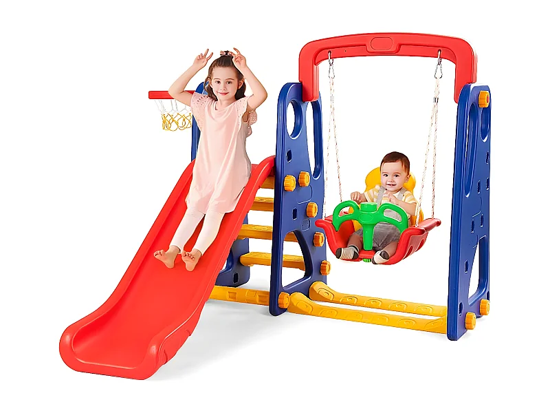 Froadp 4 en 1 Toboggan pour Enfants Toboggan Autoportant Jouet avec Panier de Basket et Balançoire for Indoor et Outdoor Enfants Toboggan de Jardin en Plastique PP et PE (Type B, 175x40x105cm