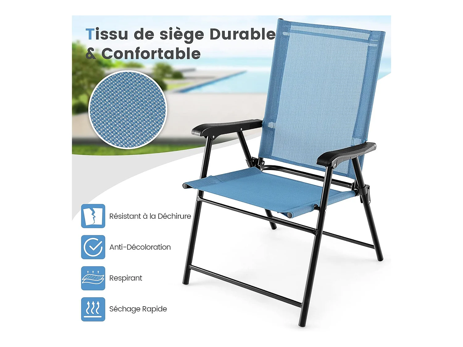 Lot de 2 Chaises de Jardin Pliables en Textilène Respirant Chaises de CamBoisg avec Verrou de sécurité et Dossier Haut Bleu