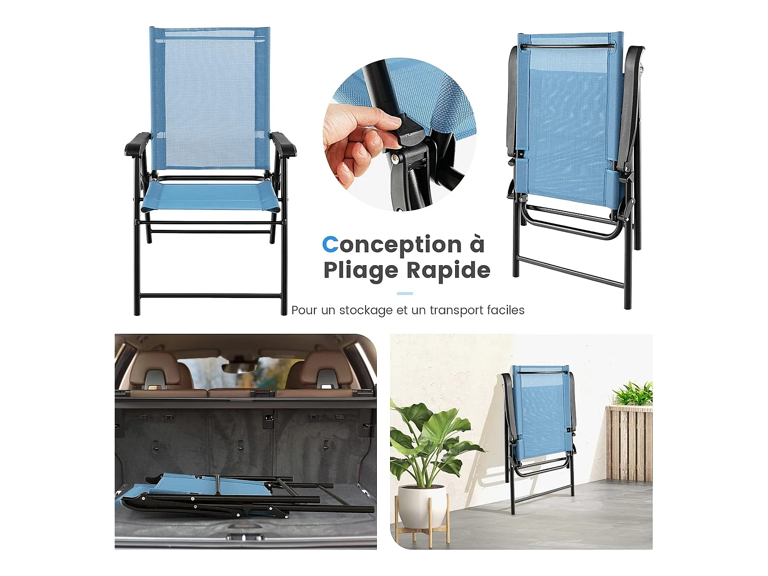 Lot de 2 Chaises de Jardin Pliables en Textilène Respirant Chaises de CamBoisg avec Verrou de sécurité et Dossier Haut Bleu