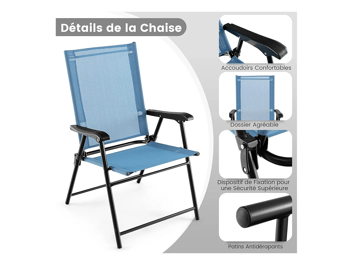 Lot de 2 Chaises de Jardin Pliables en Textilène Respirant Chaises de CamBoisg avec Verrou de sécurité et Dossier Haut Bleu