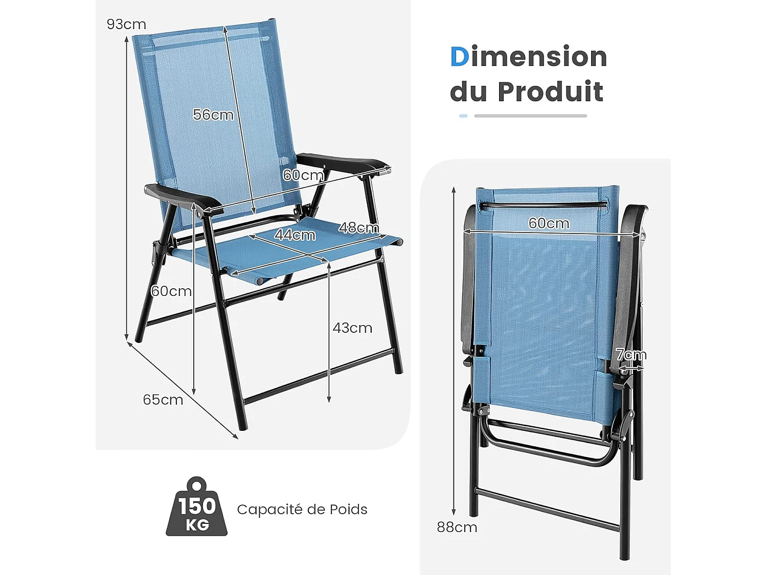 Lot de 2 Chaises de Jardin Pliables en Textilène Respirant Chaises de CamBoisg avec Verrou de sécurité et Dossier Haut Bleu