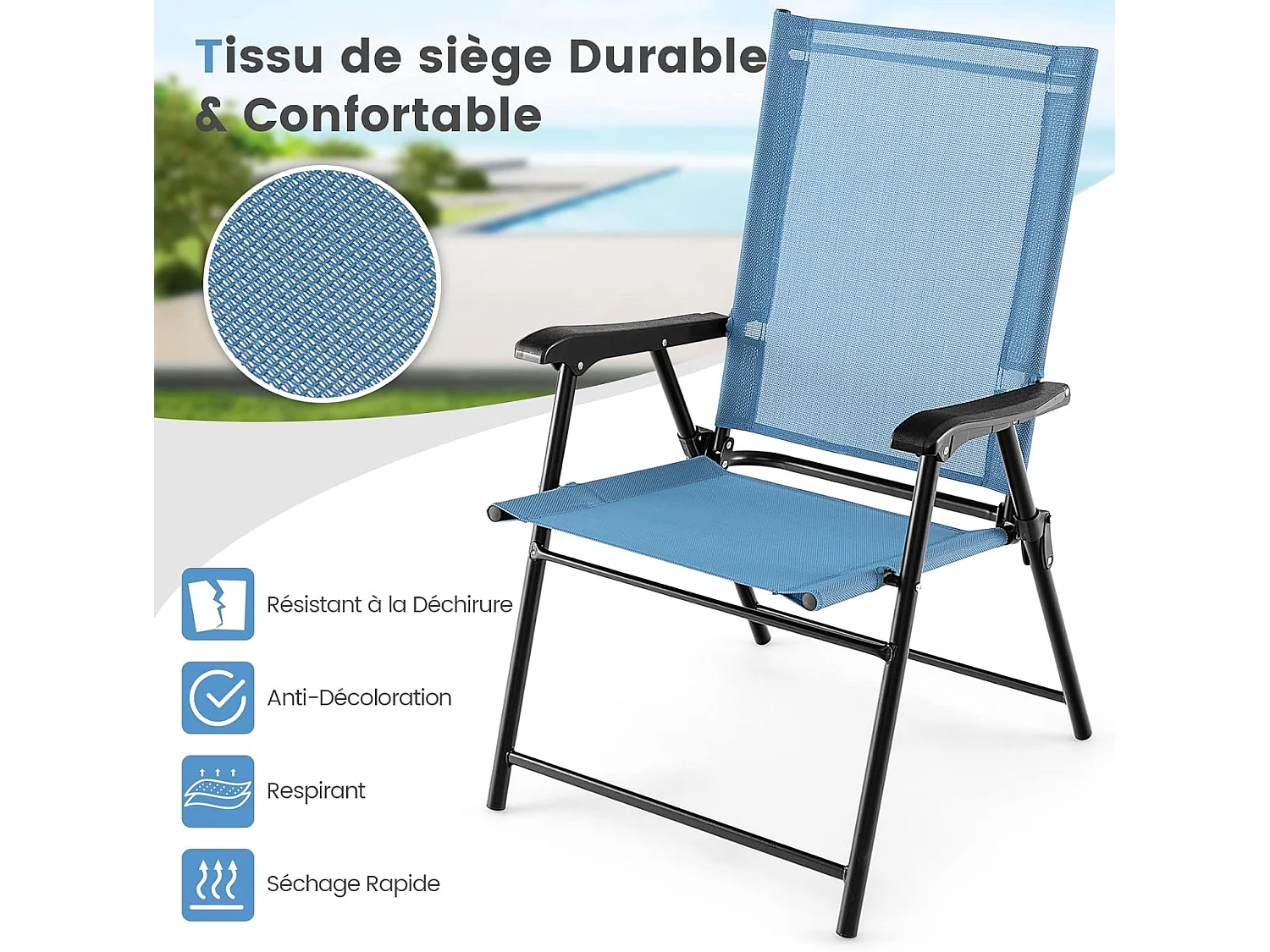 Lot de 2 Chaises de Jardin Pliables en Textilène Respirant Chaises de CamBoisg avec Verrou de sécurité et Dossier Haut Bleu