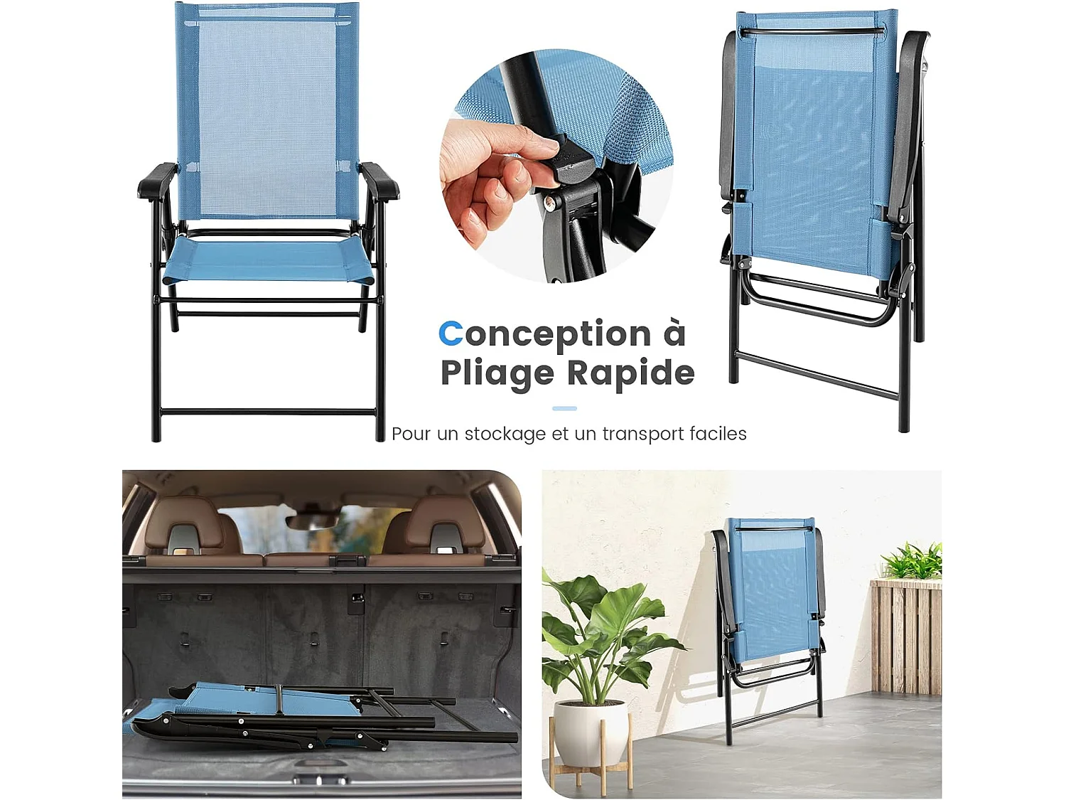 Lot de 2 Chaises de Jardin Pliables en Textilène Respirant Chaises de CamBoisg avec Verrou de sécurité et Dossier Haut Bleu