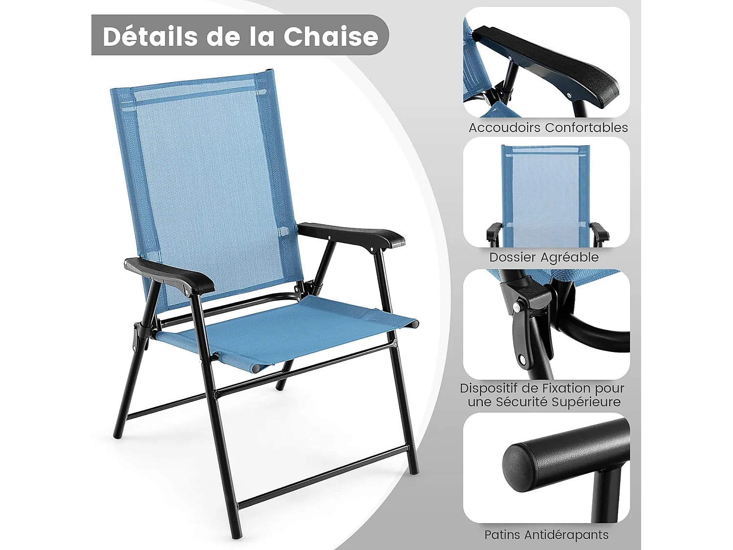 Lot de 2 Chaises de Jardin Pliables en Textilène Respirant Chaises de CamBoisg avec Verrou de sécurité et Dossier Haut Bleu