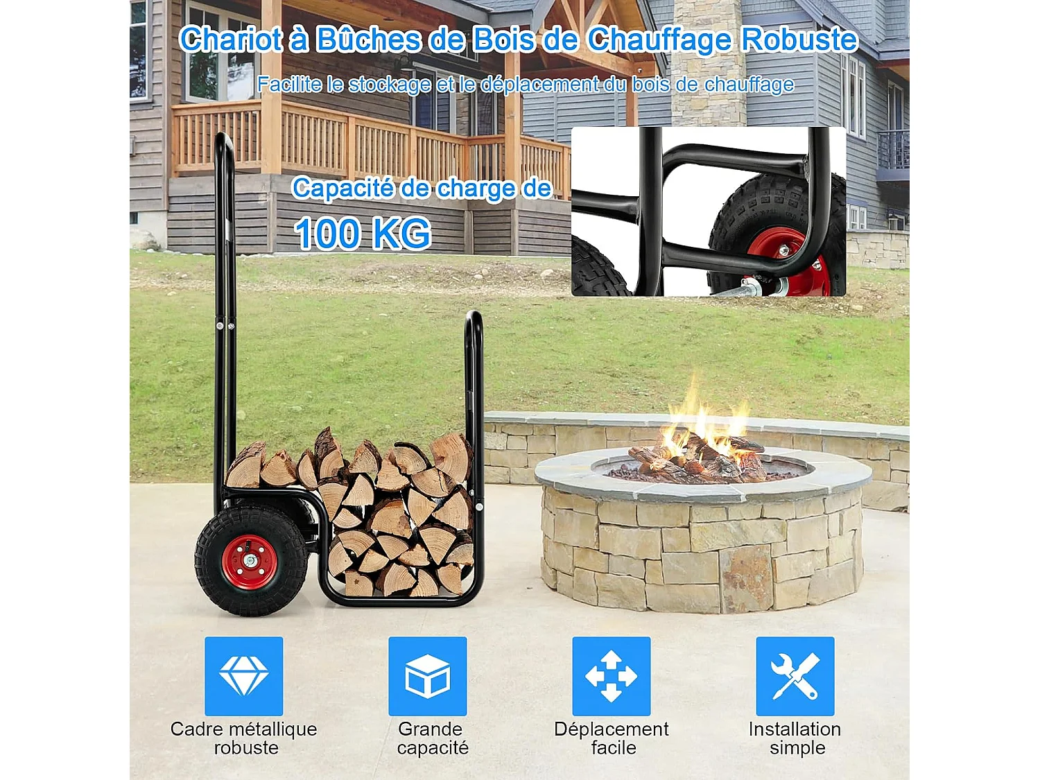 Chariot à Bois, Chariot de Bûches Charge 136 KG avec Roues en Caoutchouc, Chariot de Transport, Diable 2 Roues Intérieur Extérieur pour Rangement de Bûches