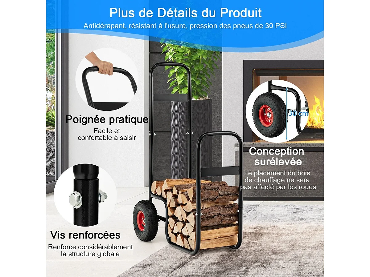 Chariot à Bois, Chariot de Bûches Charge 136 KG avec Roues en Caoutchouc, Chariot de Transport, Diable 2 Roues Intérieur Extérieur pour Rangement de Bûches