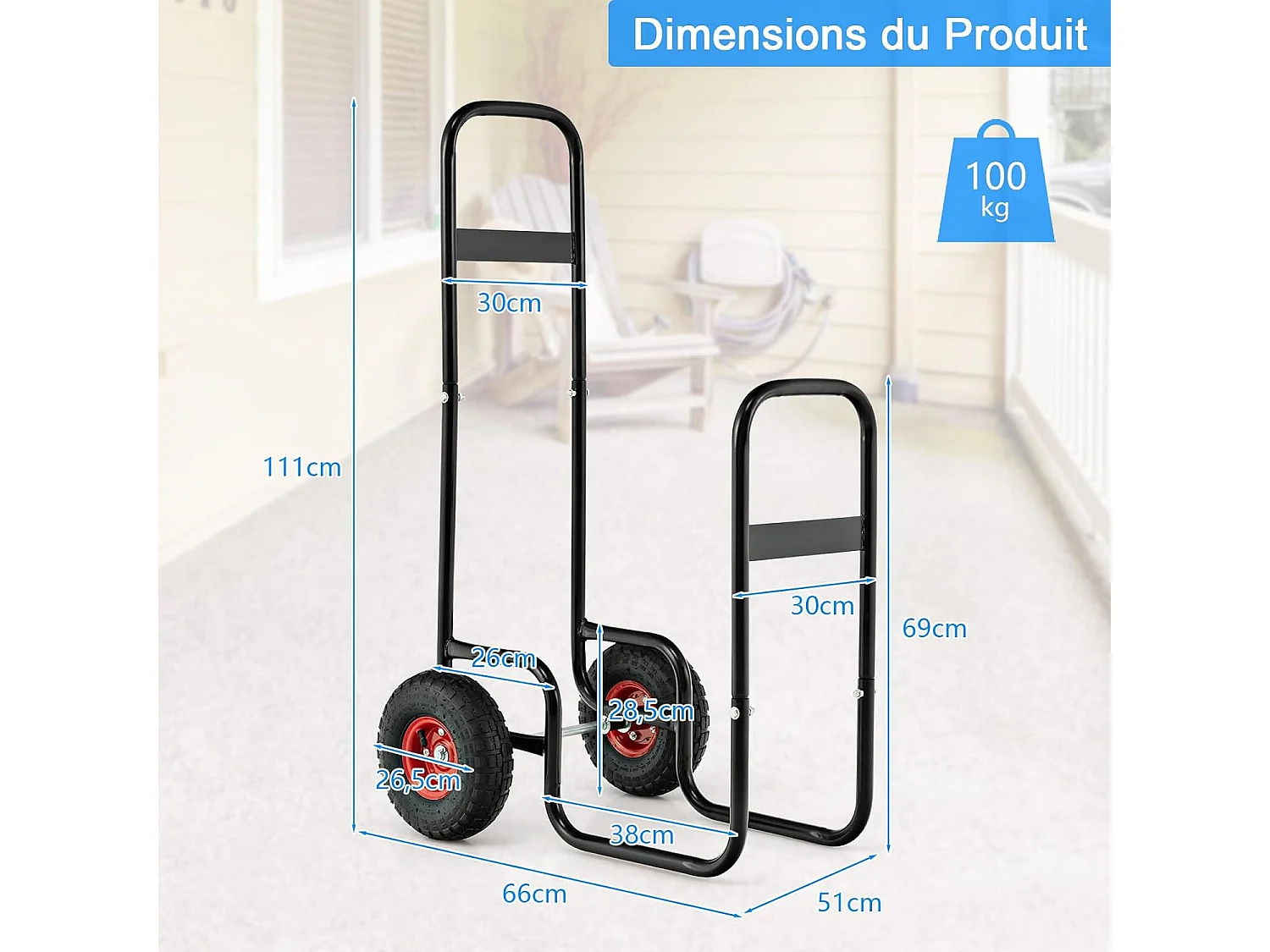 Chariot à Bois, Chariot de Bûches Charge 136 KG avec Roues en Caoutchouc, Chariot de Transport, Diable 2 Roues Intérieur Extérieur pour Rangement de Bûches