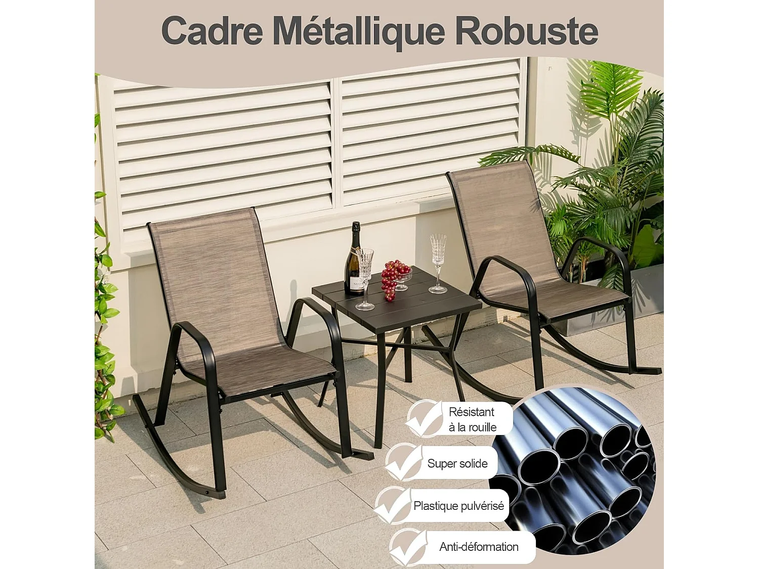 Chaise de Jardin à Bascule Lot de 2, Fauteuil à Bascule avec Accoudoirs, Cadre en Métal, Rocking Chair Ergonomique pour Jardin, Piscine, 91 x 62 x 86 cm