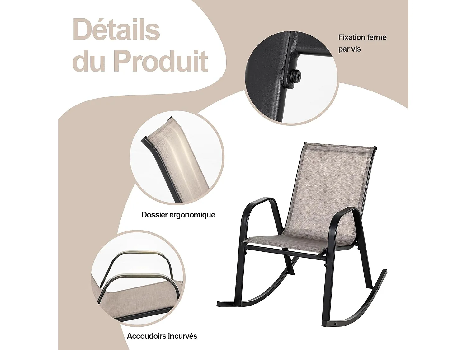 Chaise de Jardin à Bascule Lot de 2, Fauteuil à Bascule avec Accoudoirs, Cadre en Métal, Rocking Chair Ergonomique pour Jardin, Piscine, 91 x 62 x 86 cm