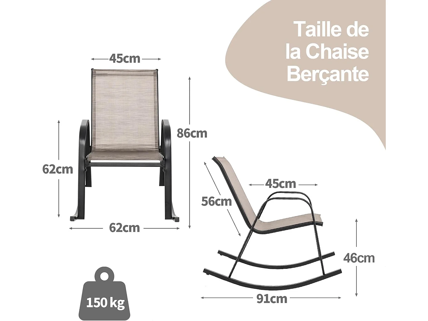 Chaise de Jardin à Bascule Lot de 2, Fauteuil à Bascule avec Accoudoirs, Cadre en Métal, Rocking Chair Ergonomique pour Jardin, Piscine, 91 x 62 x 86 cm
