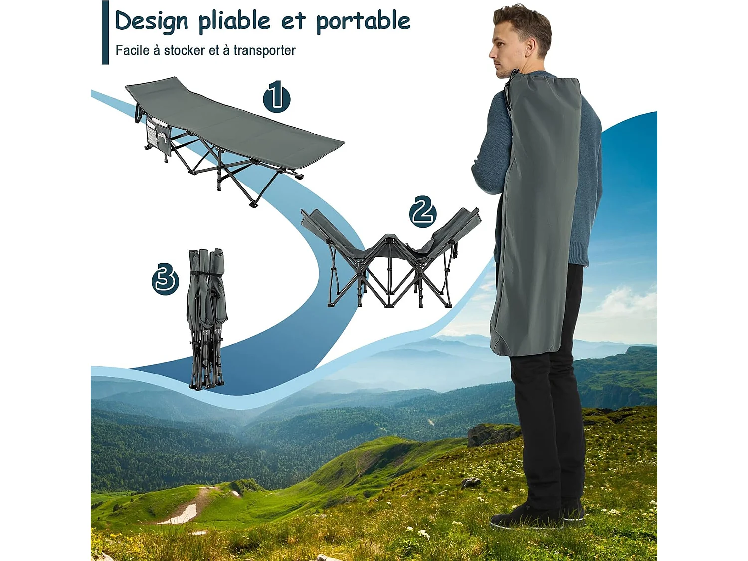 Lit de Camp Pliable 1 Personne, Lit Camping 185 x 67 x 54 cm, Charge 272 kg, Appuie-tête, Tissu Oxford, Sac de Transport, Poche Latérale, pour Camping Voyage (Gris)
