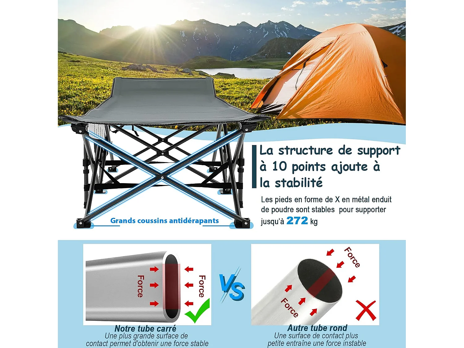 Lit de Camp Pliable 1 Personne, Lit Camping 185 x 67 x 54 cm, Charge 272 kg, Appuie-tête, Tissu Oxford, Sac de Transport, Poche Latérale, pour Camping Voyage (Gris)