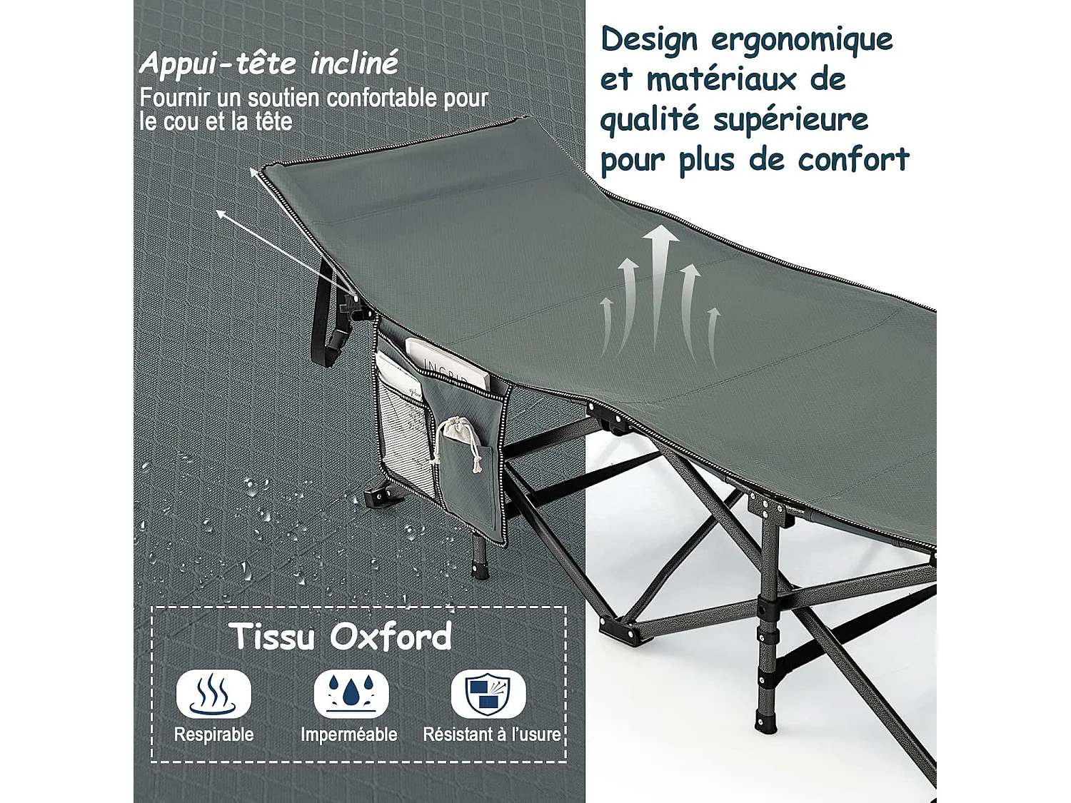 Lit de Camp Pliable 1 Personne, Lit Camping 185 x 67 x 54 cm, Charge 272 kg, Appuie-tête, Tissu Oxford, Sac de Transport, Poche Latérale, pour Camping Voyage (Gris)