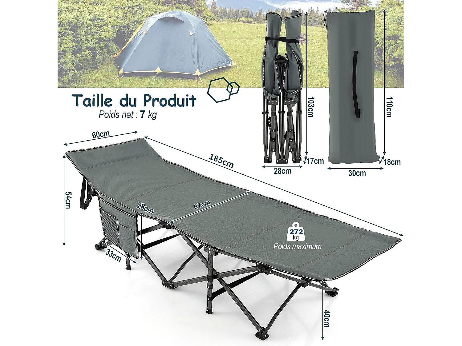 Lit de Camp Pliable 1 Personne, Lit Camping 185 x 67 x 54 cm, Charge 272 kg, Appuie-tête, Tissu Oxford, Sac de Transport, Poche Latérale, pour Camping Voyage (Gris)