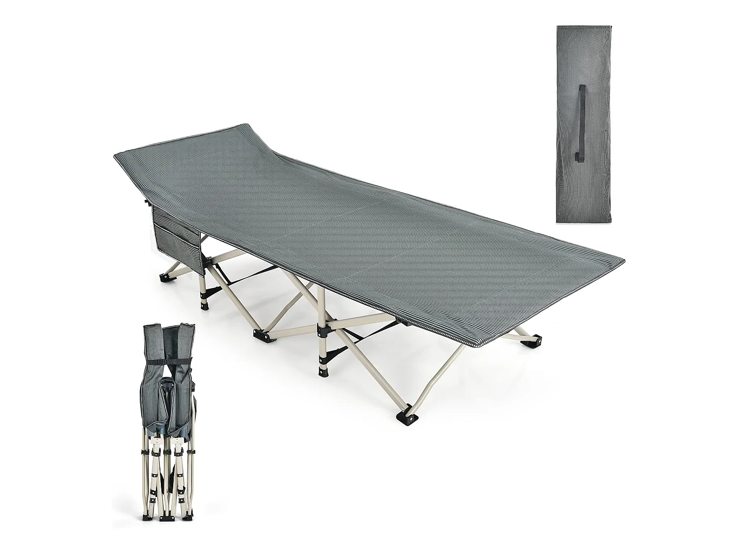 Lit de Camp Pliable 1 Personne, Lit Camping 185 x 67 x 54 cm, Charge 272 kg, Appuie-tête, Tissu Oxford, Sac de Transport, Poche Latérale, pour Camping Voyage (Gris)