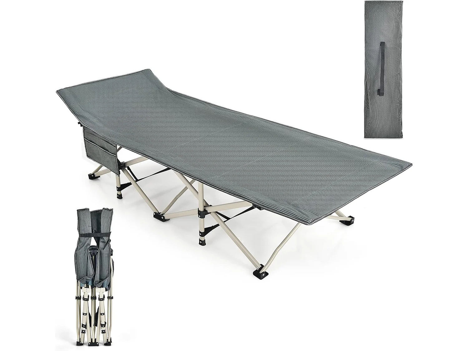 Lit de Camp Pliable 1 Personne, Lit Camping 185 x 67 x 54 cm, Charge 272 kg, Appuie-tête, Tissu Oxford, Sac de Transport, Poche Latérale, pour Camping Voyage (Gris)