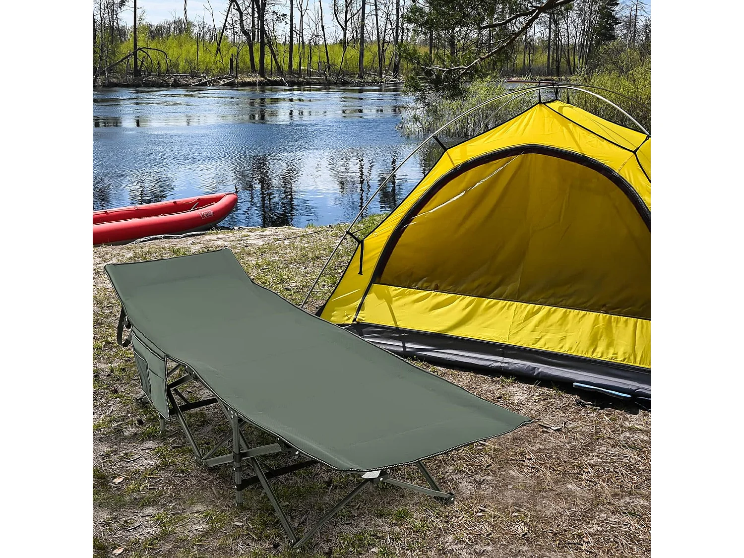 Lit de Camp Pliable 1 Personne, Lit Camping 185 x 67 x 54 cm, Charge 272 kg, Appuie-tête, Tissu Oxford, Sac de Transport, Poche Latérale, pour Camping Voyage (Gris)