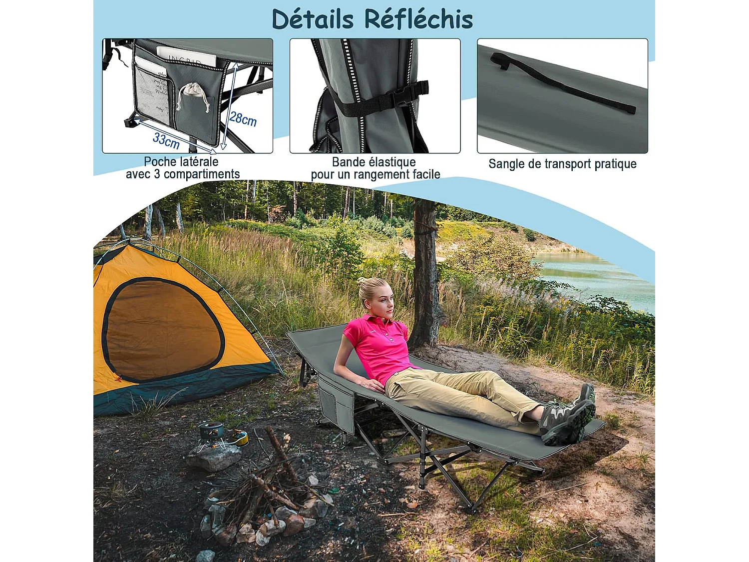 Lit de Camp Pliable 1 Personne, Lit Camping 185 x 67 x 54 cm, Charge 272 kg, Appuie-tête, Tissu Oxford, Sac de Transport, Poche Latérale, pour Camping Voyage (Gris)