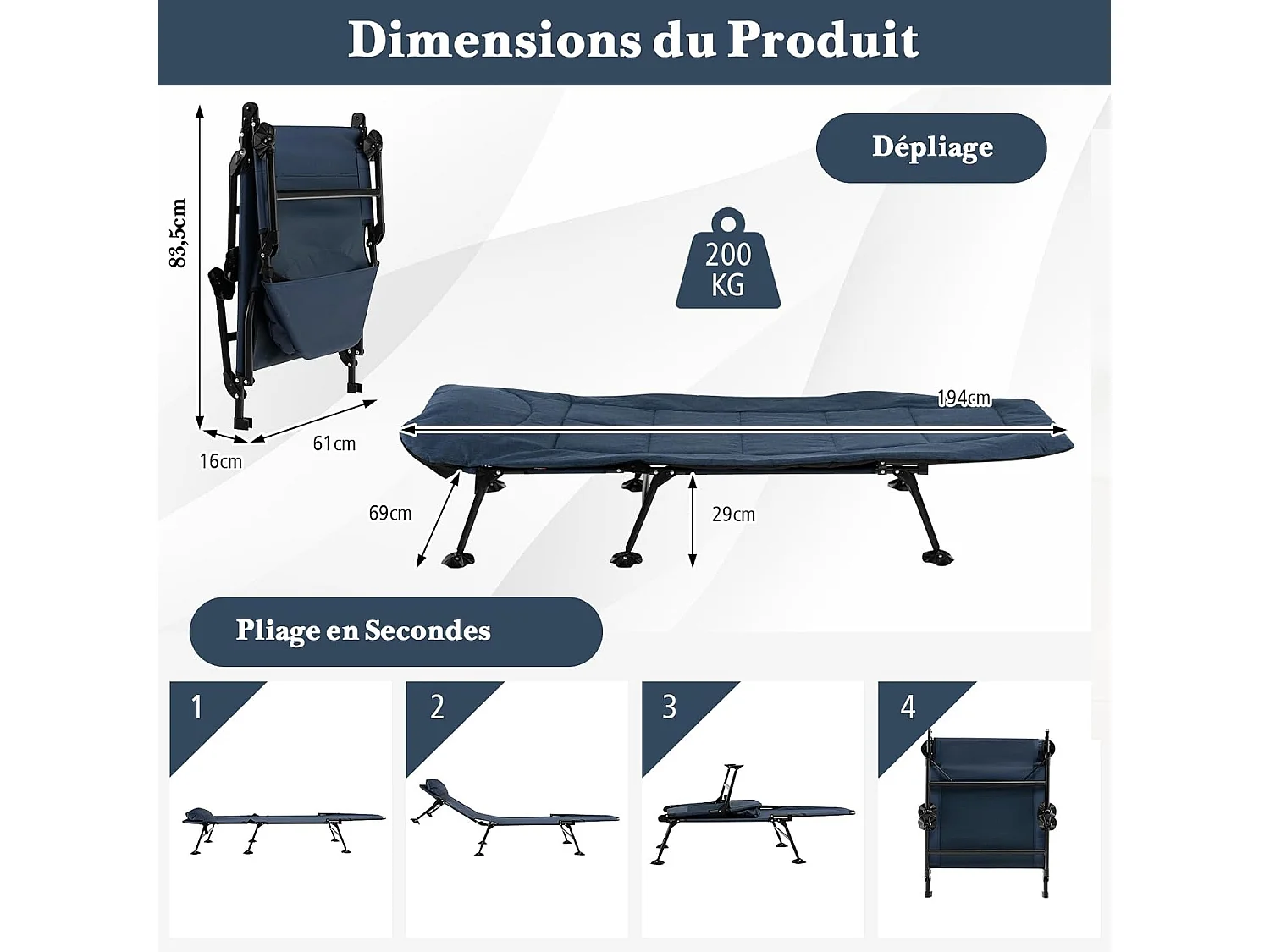 Lit Camping Pliant avec Matelas Détachable, Chaise Longue de Camping avec Dossier Réglable à 6 Positions et Patins de Pied Pivotante à 360°, Charge 200 KG (Bleu)