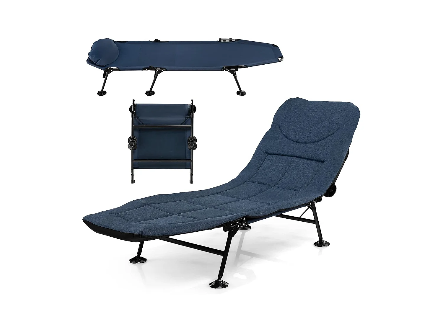 Lit Camping Pliant avec Matelas Détachable, Chaise Longue de Camping avec Dossier Réglable à 6 Positions et Patins de Pied Pivotante à 360°, Charge 200 KG (Bleu)