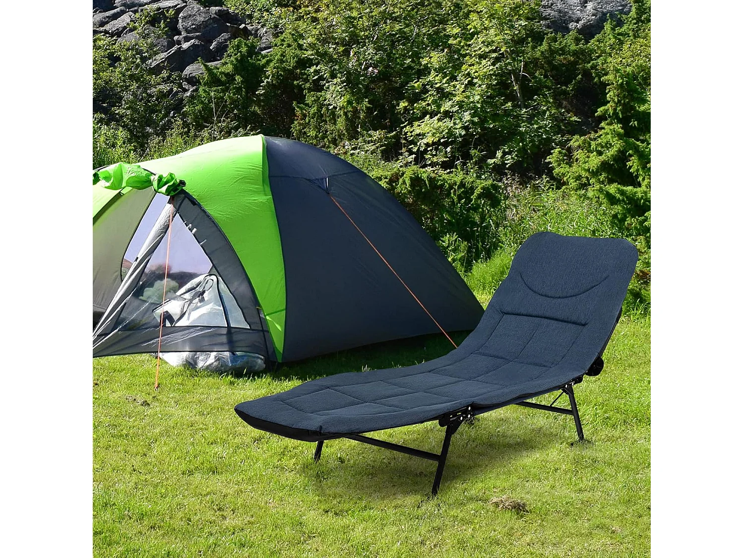 Lit Camping Pliant avec Matelas Détachable, Chaise Longue de Camping avec Dossier Réglable à 6 Positions et Patins de Pied Pivotante à 360°, Charge 200 KG (Bleu)