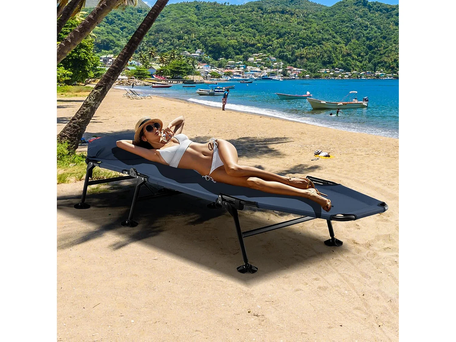 Lit Camping Pliant avec Matelas Détachable, Chaise Longue de Camping avec Dossier Réglable à 6 Positions et Patins de Pied Pivotante à 360°, Charge 200 KG (Bleu)