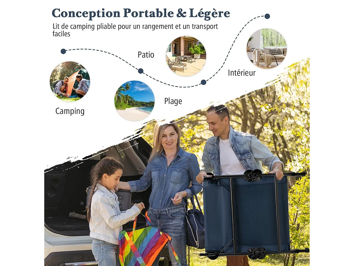 Lit Camping Pliant avec Matelas Détachable, Chaise Longue de Camping avec Dossier Réglable à 6 Positions et Patins de Pied Pivotante à 360°, Charge 200 KG (Bleu)